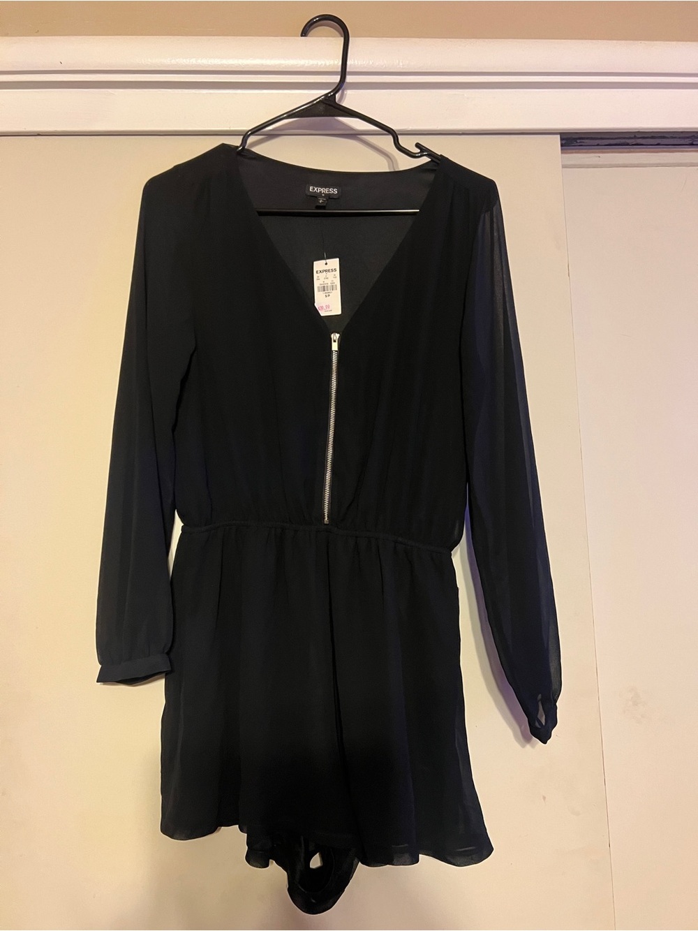 Express Black Long-Sleeve V-Neck Romper with Front Zip